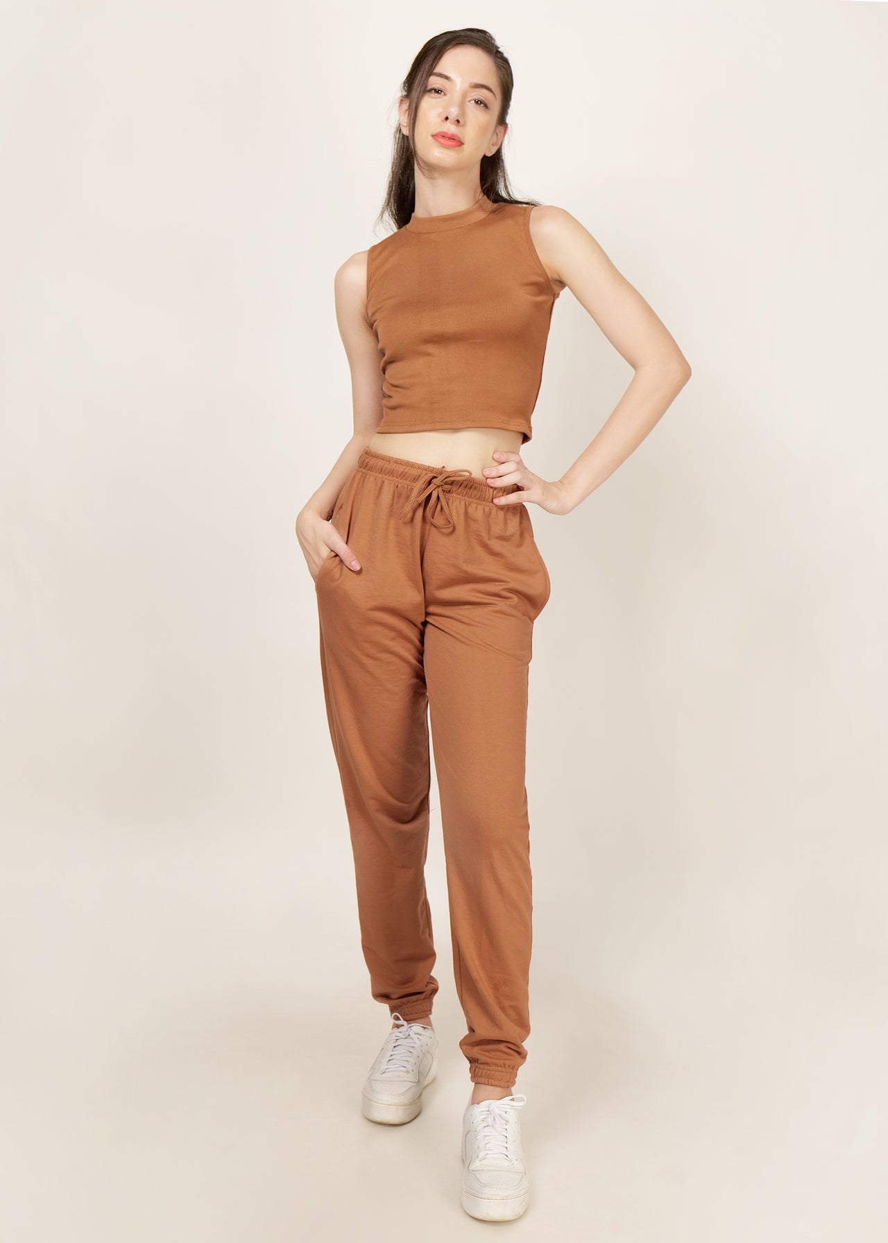 Solid brown jogger and mock neck tank rib top co-ord set