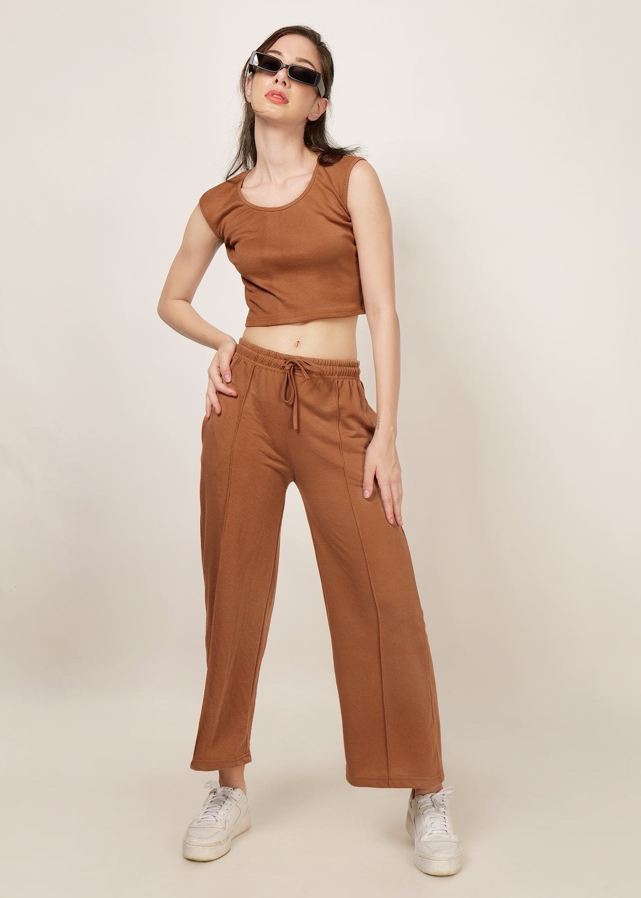 Solid brown broad pant and round neck rib tank top co-ord set