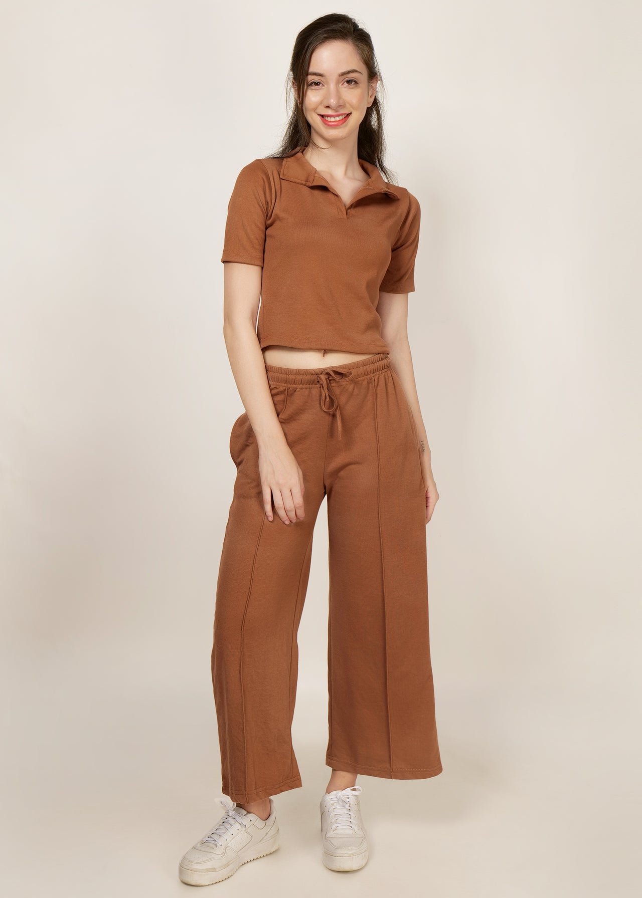 Solid brown broad pant and collared rib top co-ord set