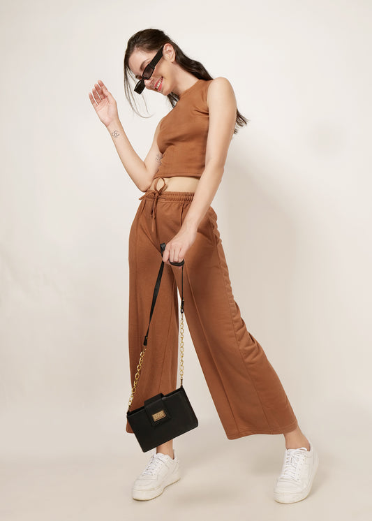 Solid brown broad pant and mock neck rib tank top co-ord set