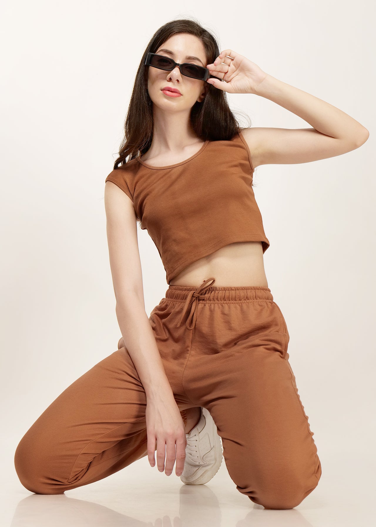 Solid brown jogger and rib crop tank co-ord set