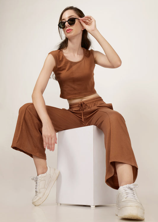 Solid brown broad pant and round neck rib tank top co-ord set