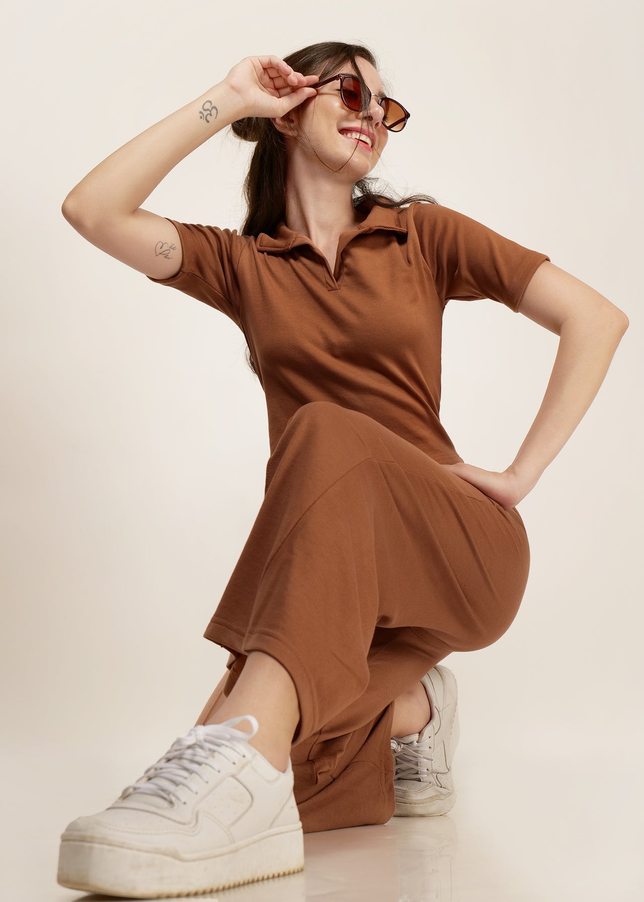 Solid brown broad pant and collared rib top co-ord set