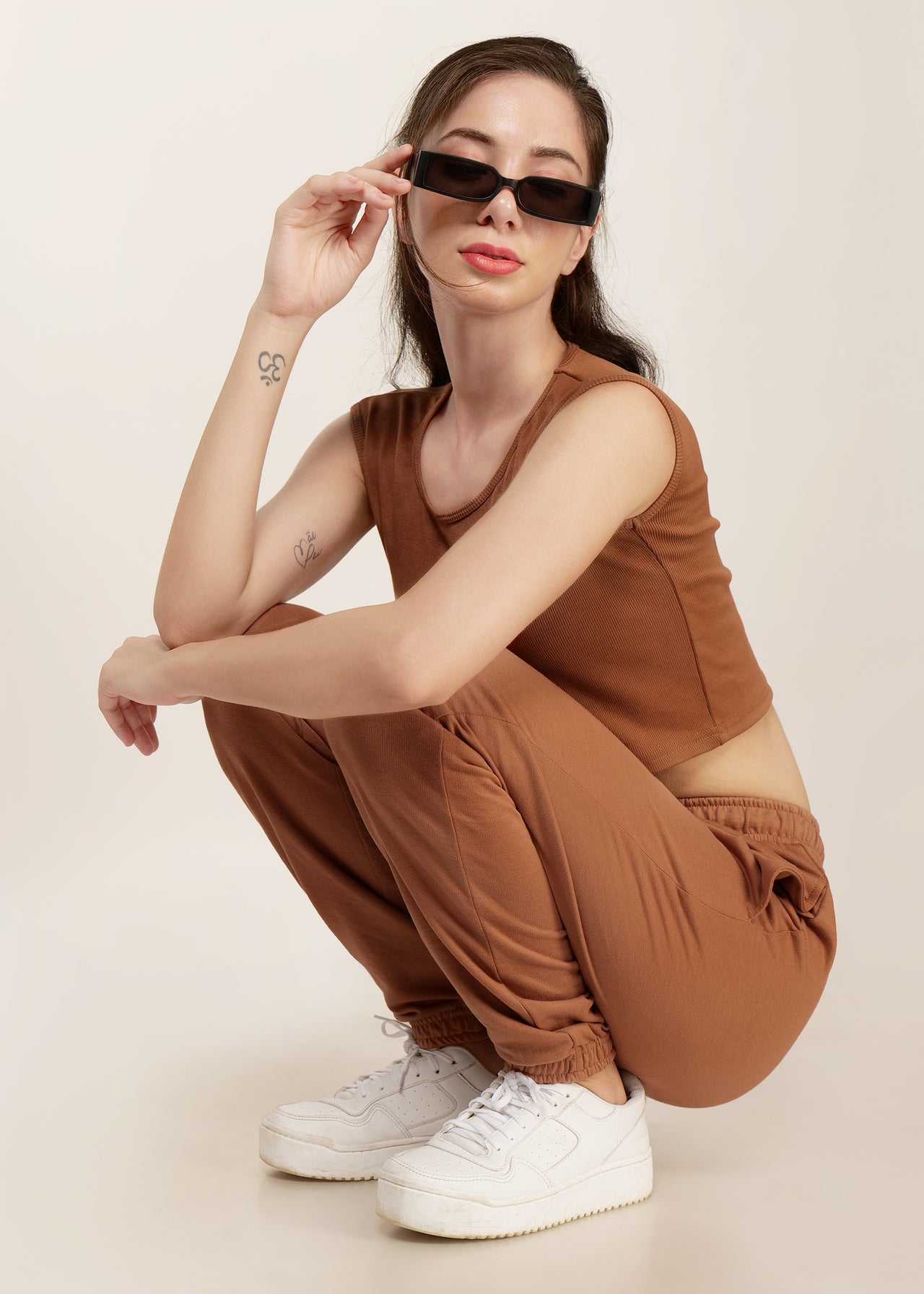 Solid brown jogger and rib crop tank co-ord set