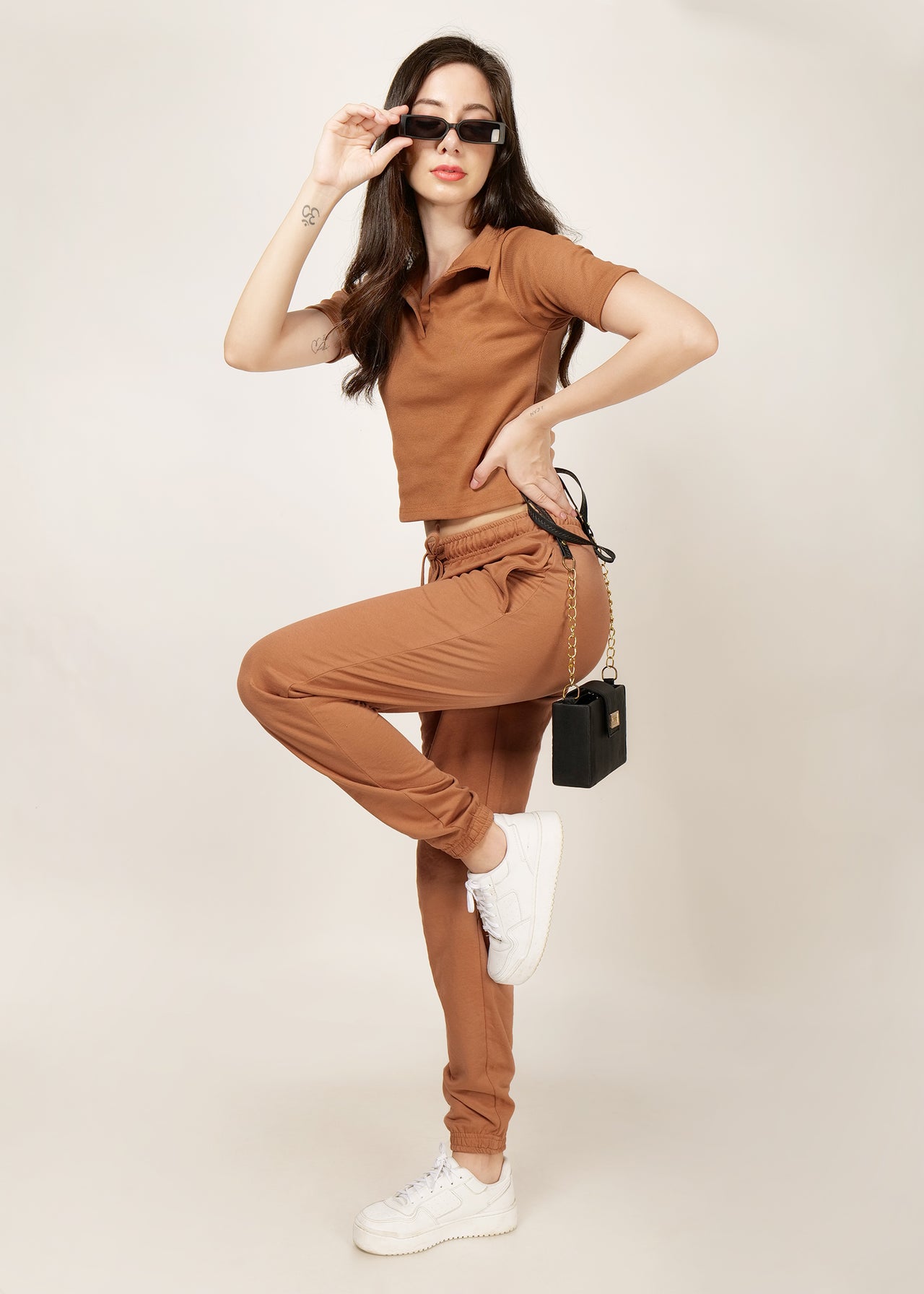 Solid brown jogger and collared rib top co-ord set