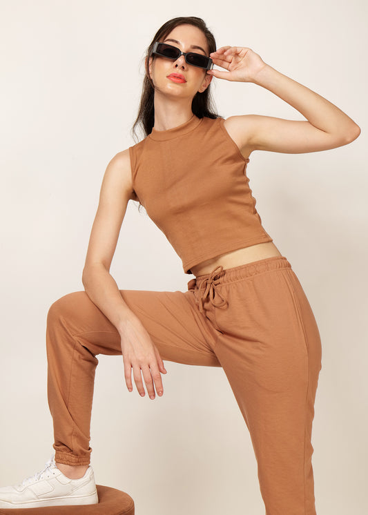 Solid brown jogger and mock neck tank rib top co-ord set