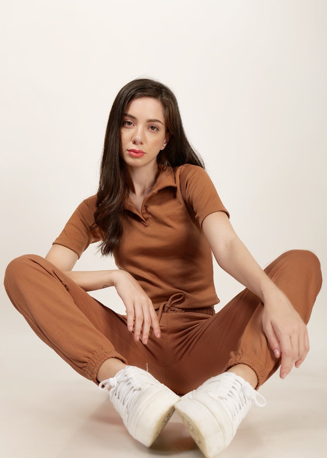 Solid brown jogger and collared rib top co-ord set