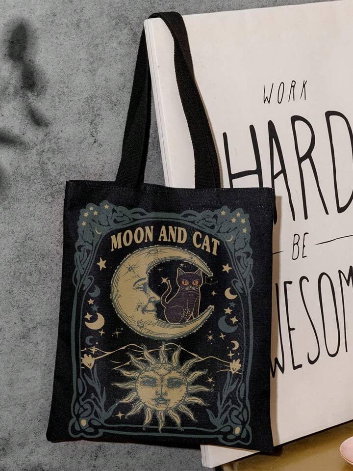 Moon and cat tote black