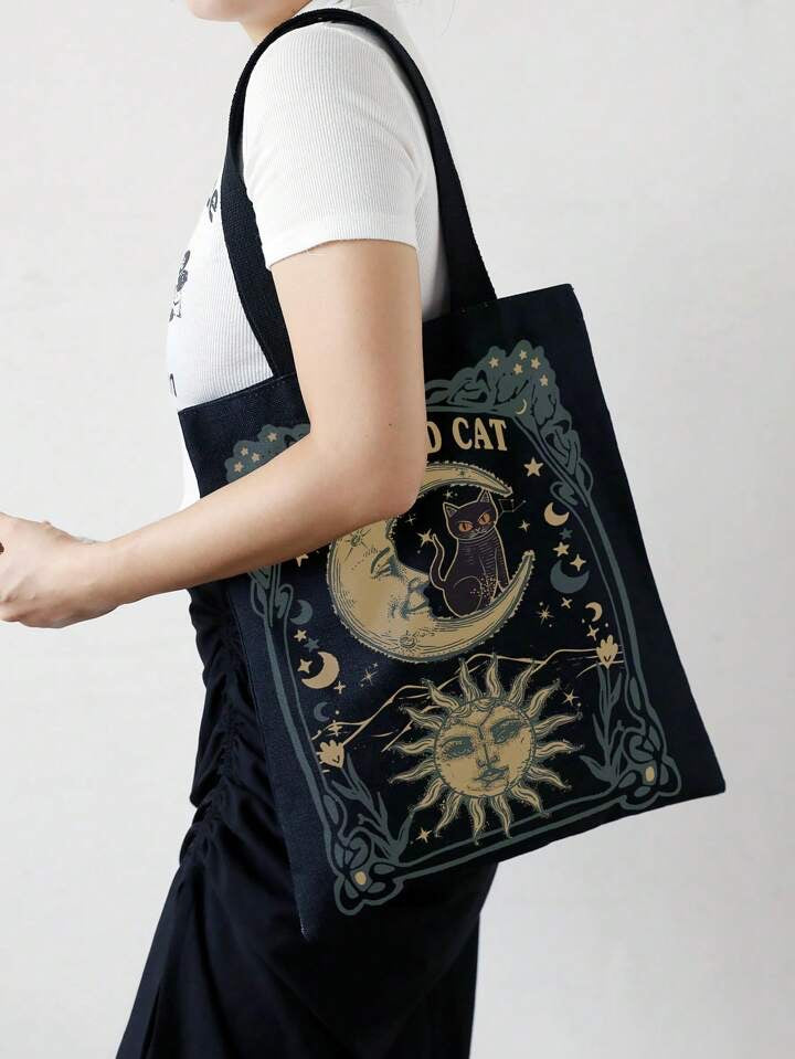 Moon and cat tote black