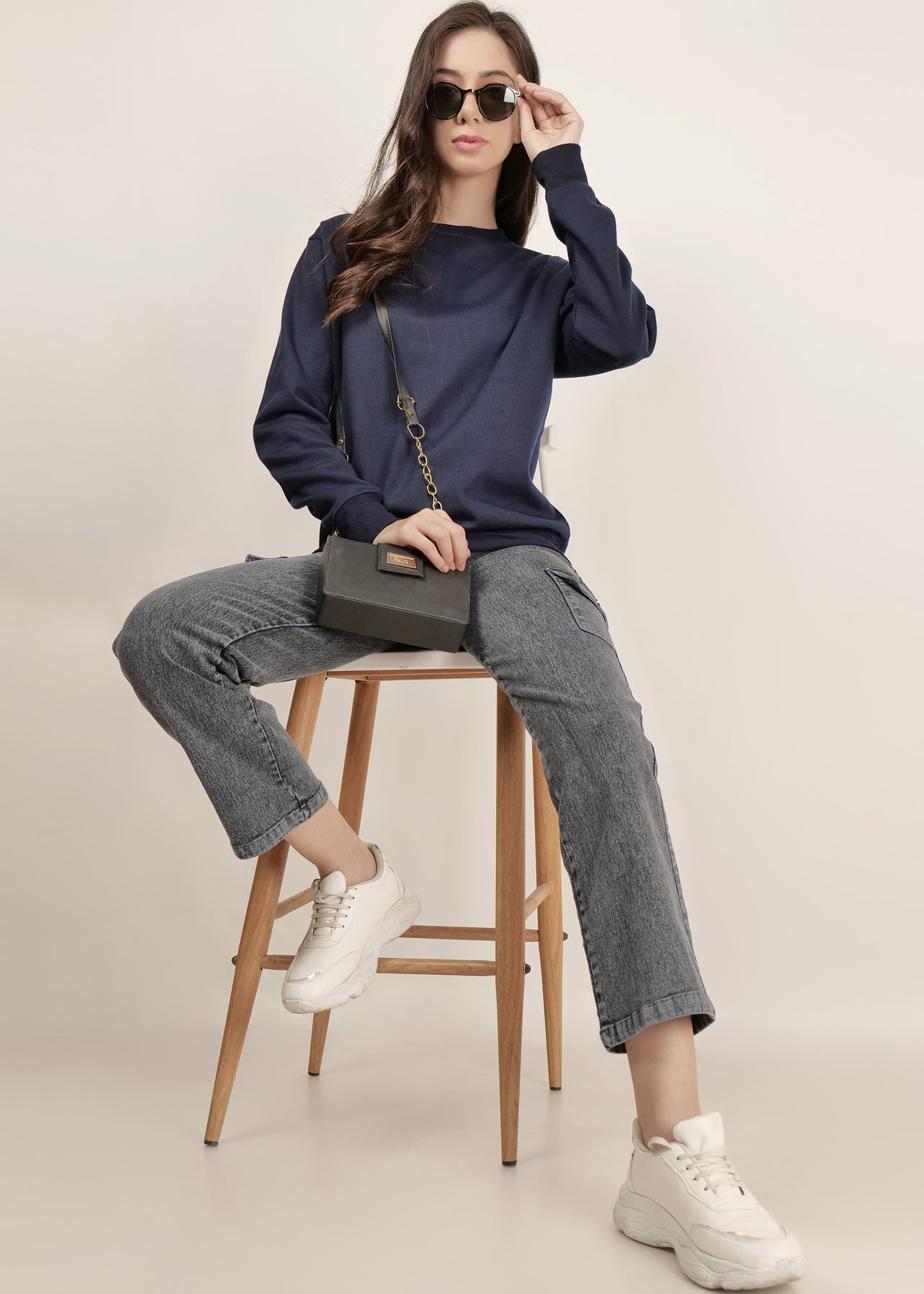 Navy Blue women's Round Neck sweatshirt | pullover for women