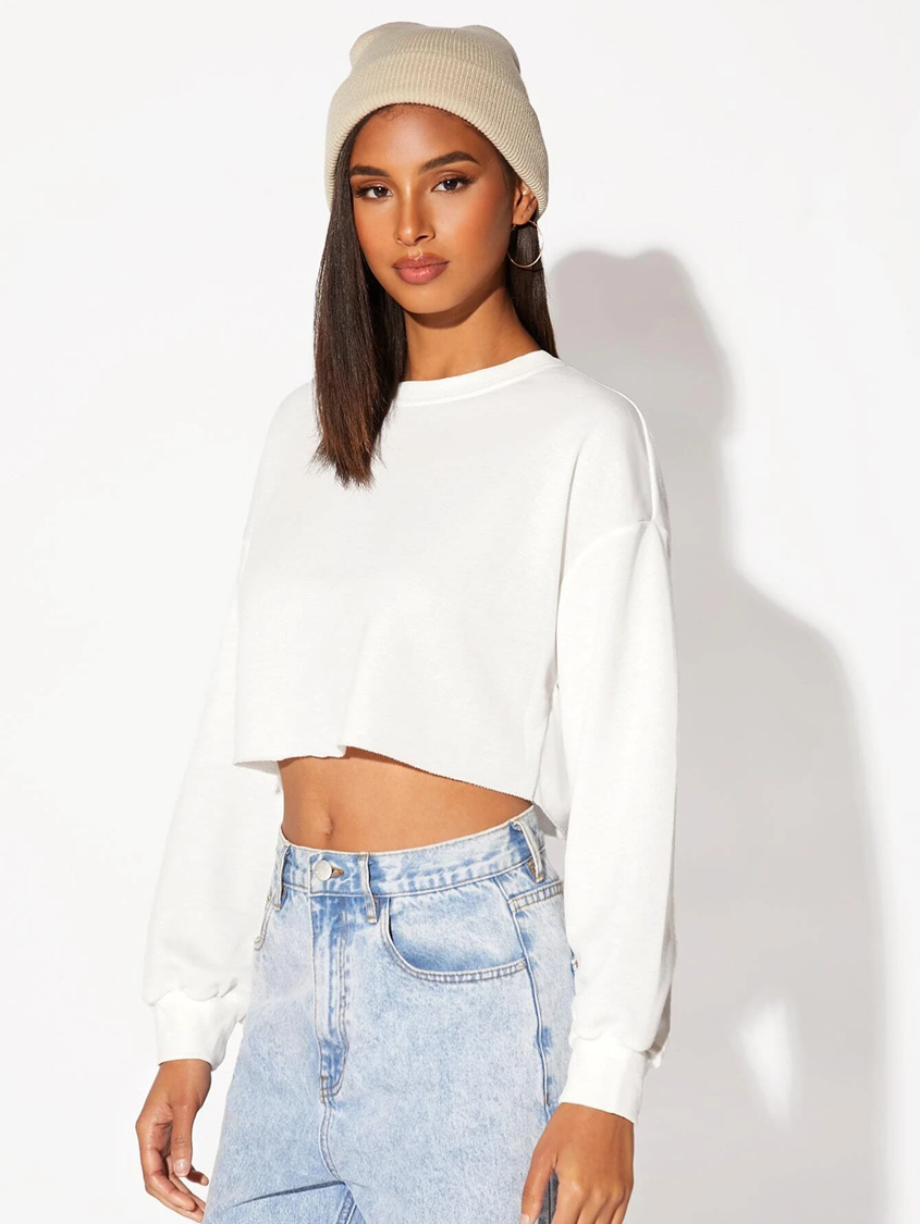 Women's crop drop shoulder white sweatshirt