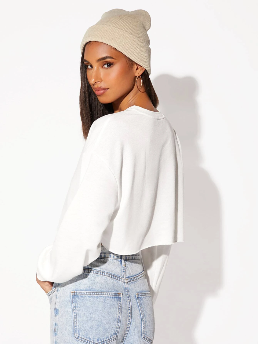 Women's crop drop shoulder white sweatshirt