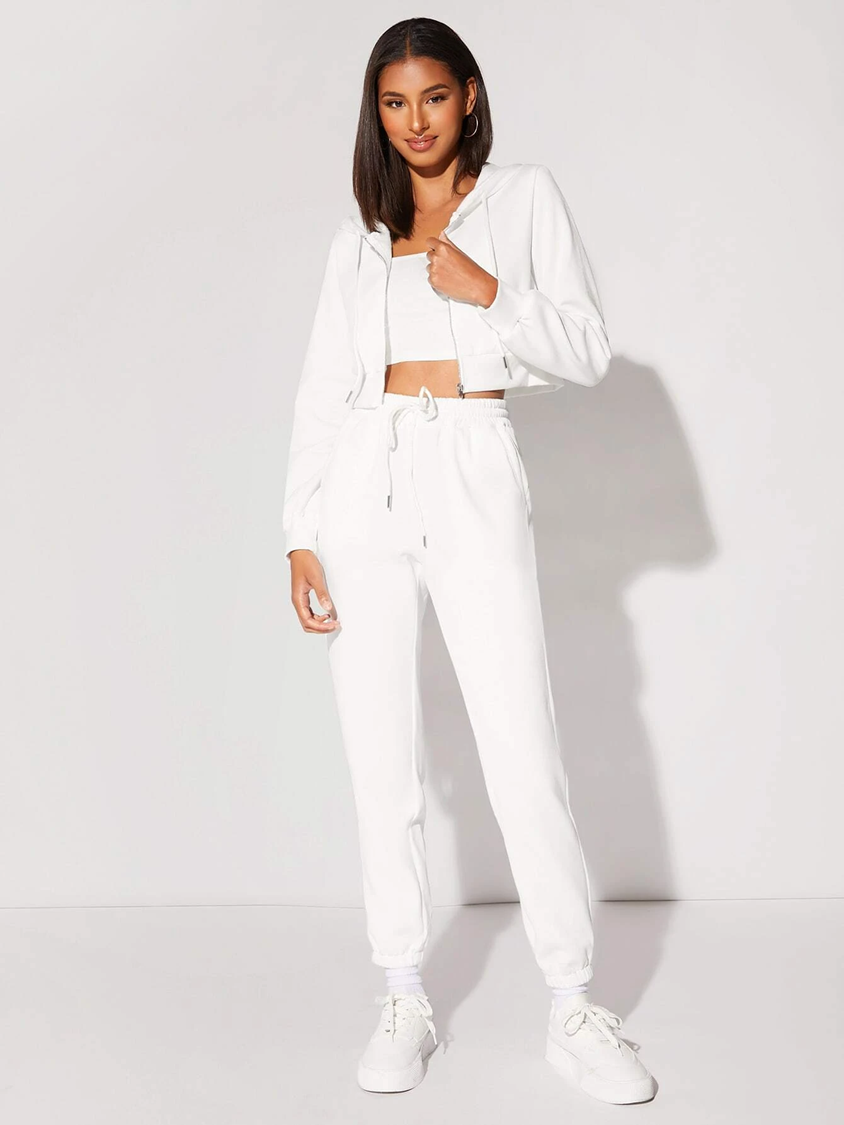 Women's 2 Piece snowy white crop zipper and joggers co-ord set