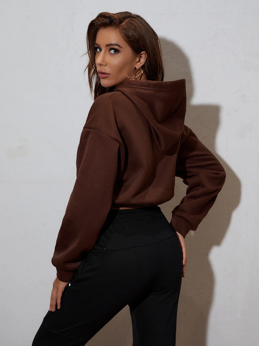 Dark Brown hoody crop hoodie with kangaroo pocket