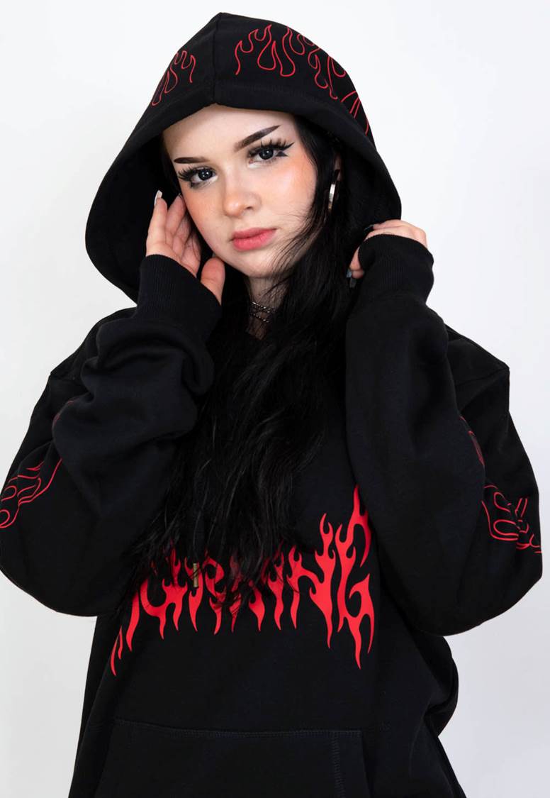 burning flames black hoodie for women