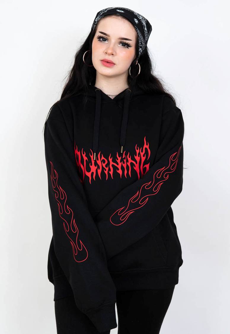 burning flames black hoodie for women