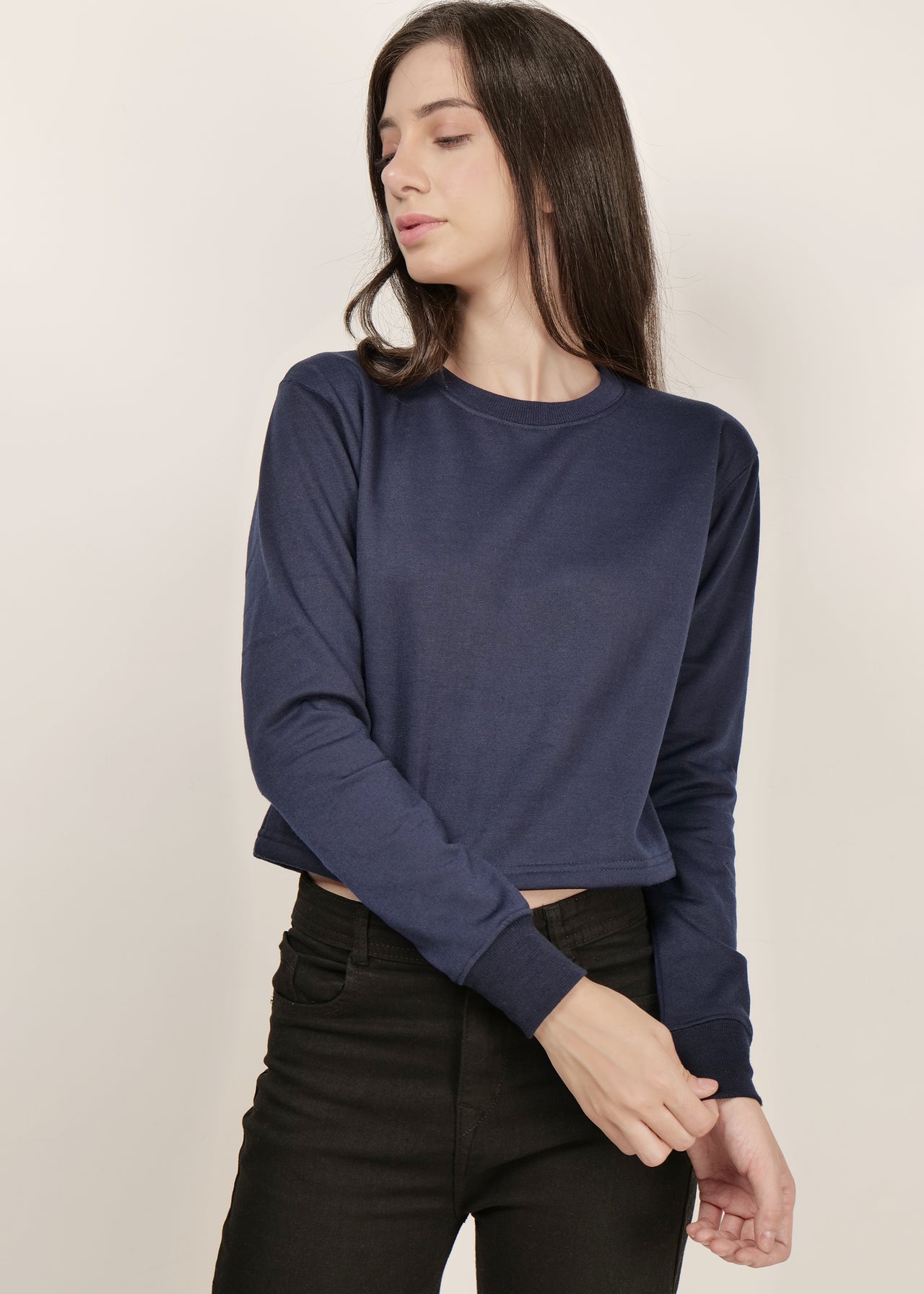 Crop Navy Blue Round Neck sweatshirt | pullover for women