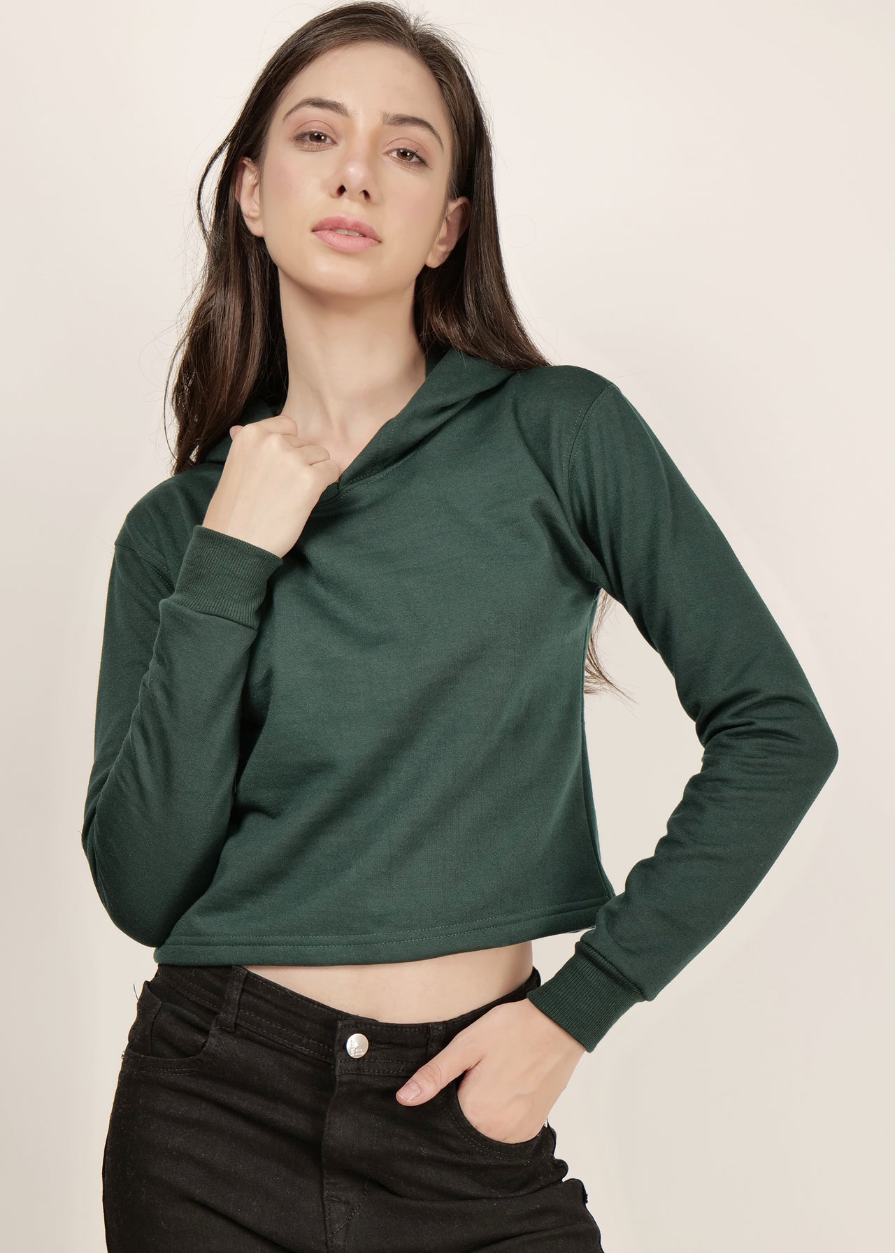 Crop Bottle Green Hooded| pullover for women