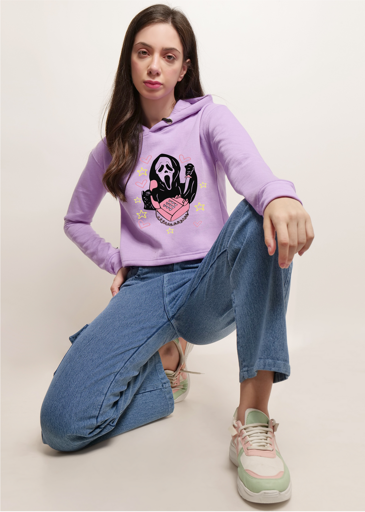 Crop Lavender Hoodie ghost call print | pullover sweatshirt