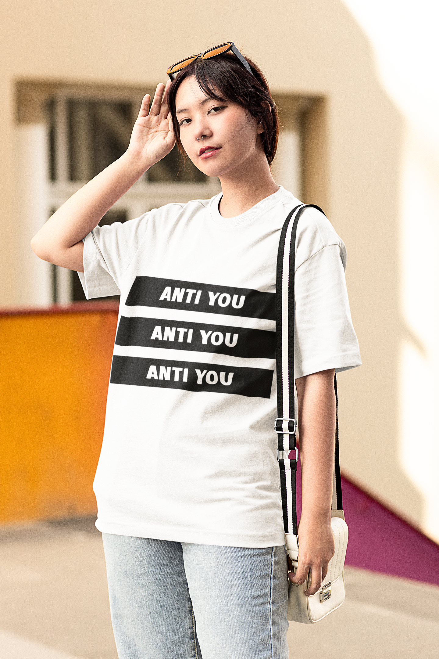 women's White baggy T-shirt Anti You Large Print front and back