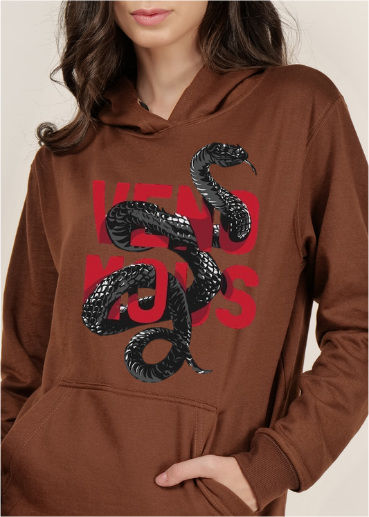 Brown women's hooded sweatshirt venomous print | pullover for women