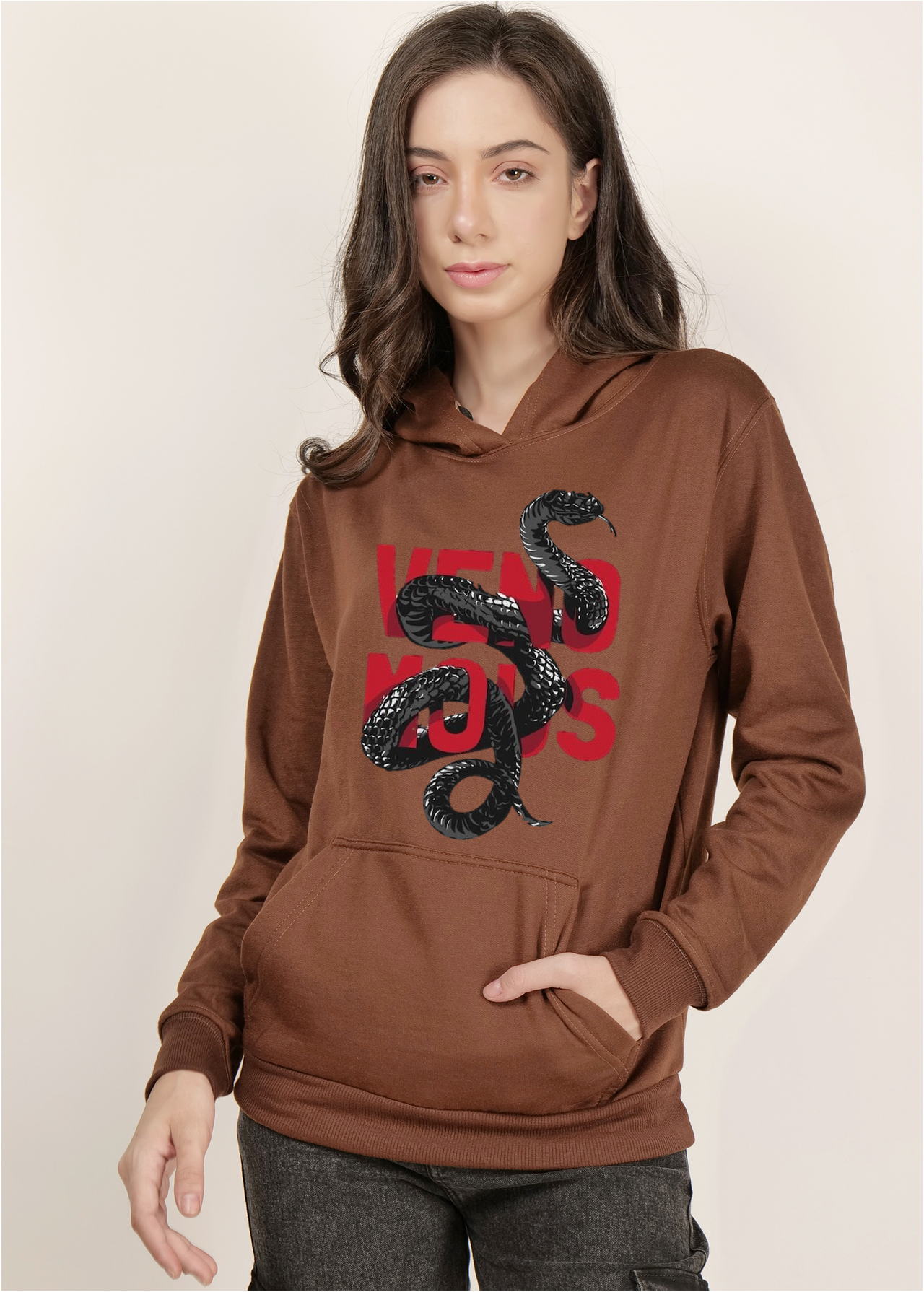 Brown women's hooded sweatshirt venomous print | pullover for women