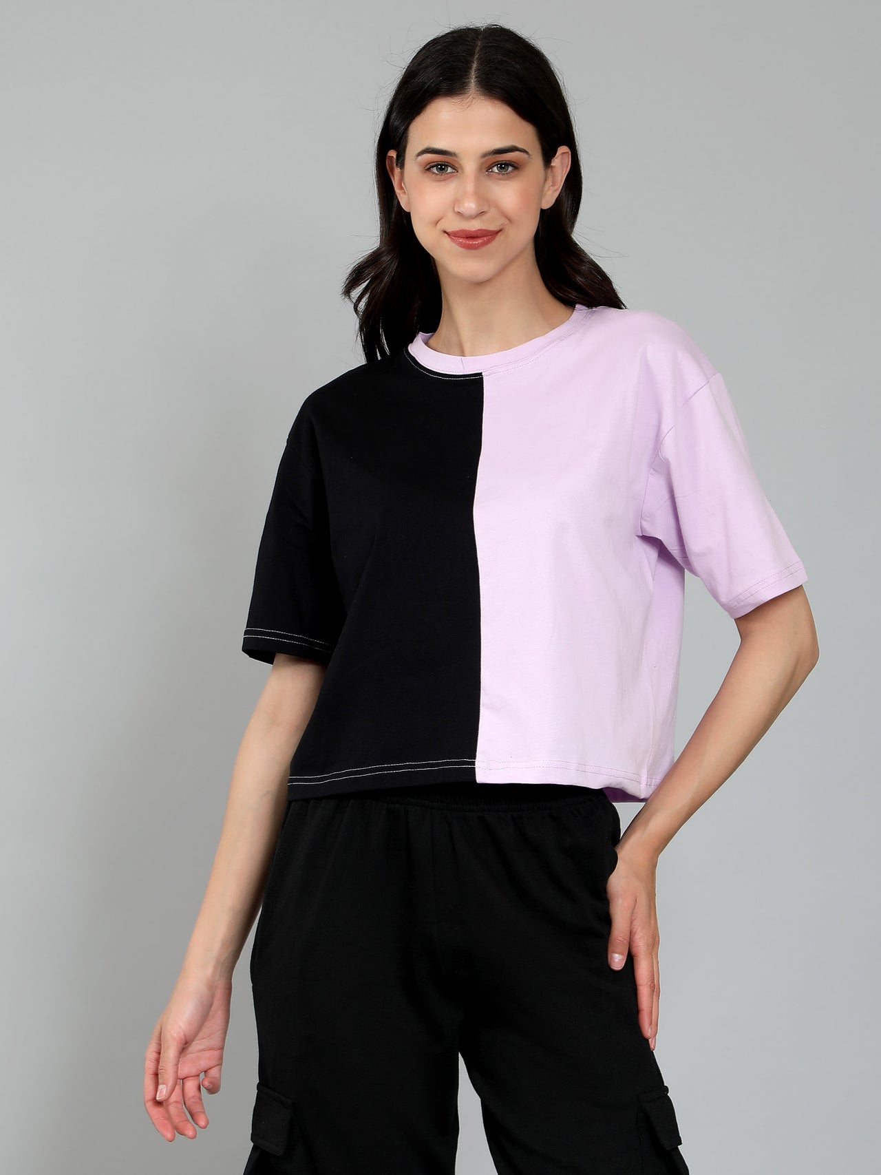 Half&Half Crop Drop Shoulder Plain Tshirt