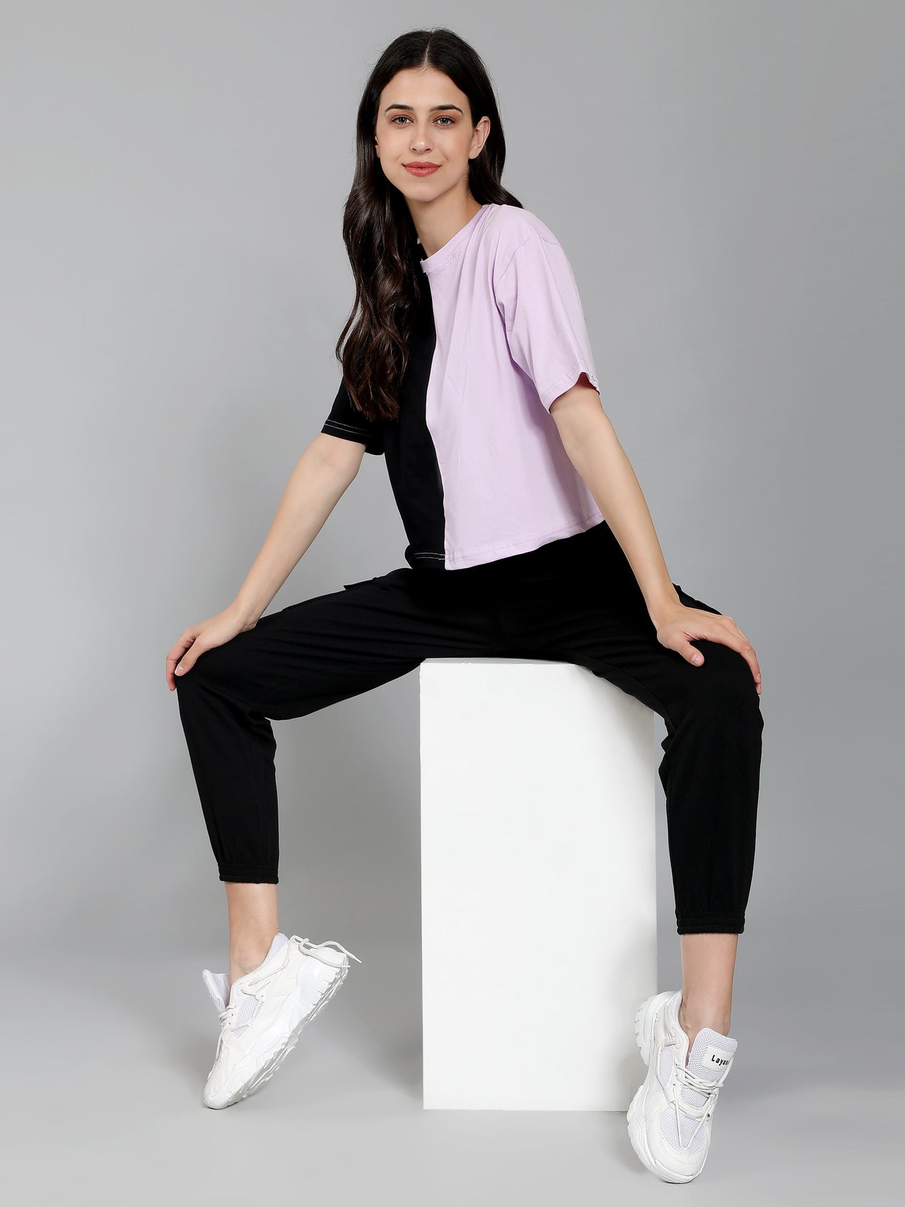 Half&Half Crop Drop Shoulder Plain Tshirt