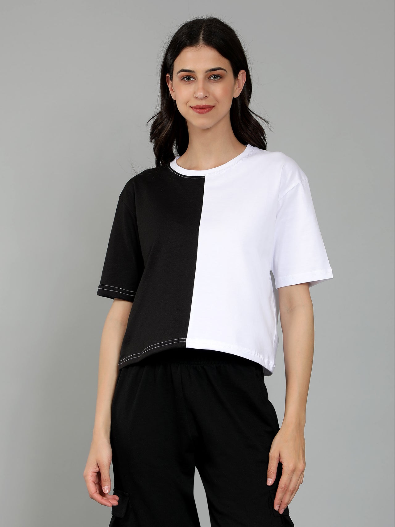 Half&Half Crop Drop Shoulder Plain Tshirt