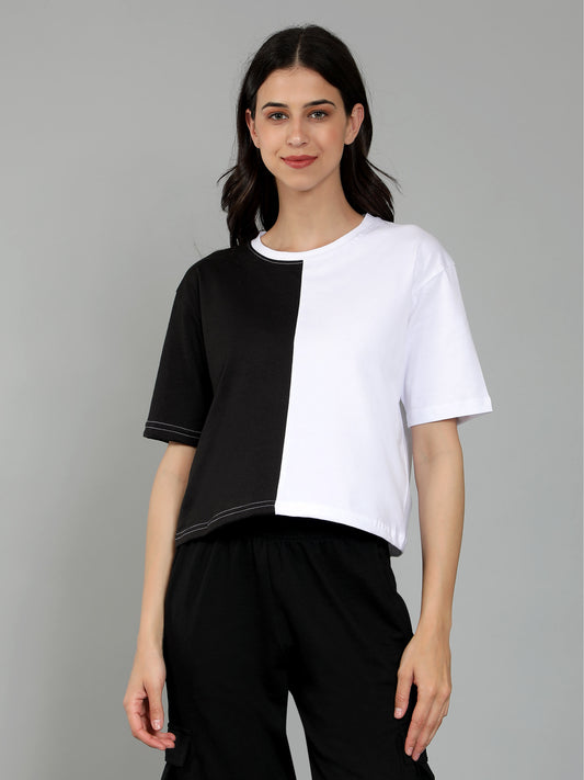 Half&Half Crop Drop Shoulder Plain Tshirt