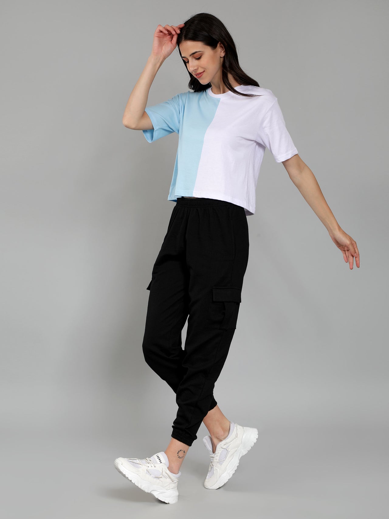 Half&Half Crop Drop Shoulder Plain Tshirt