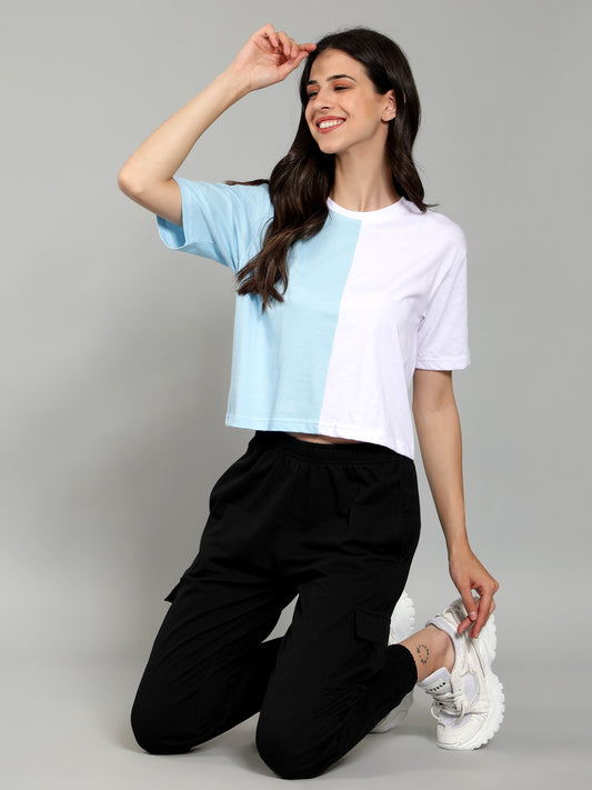 Half&Half Crop Drop Shoulder Plain Tshirt