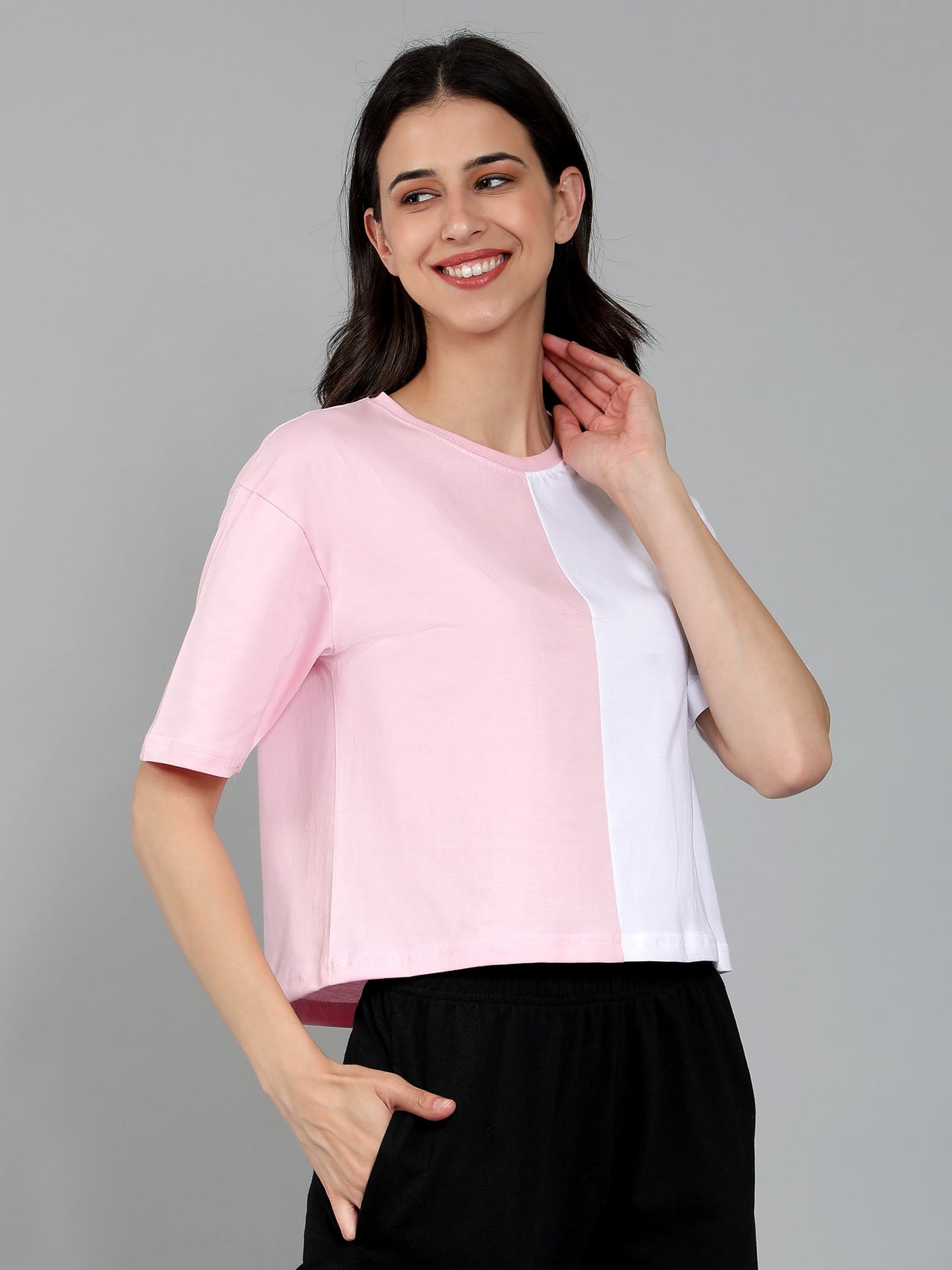 Half&Half Crop Drop Shoulder Plain Tshirt