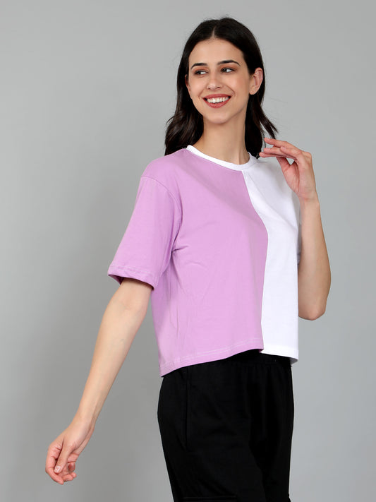 Half&Half Crop Drop Shoulder Plain Tshirt