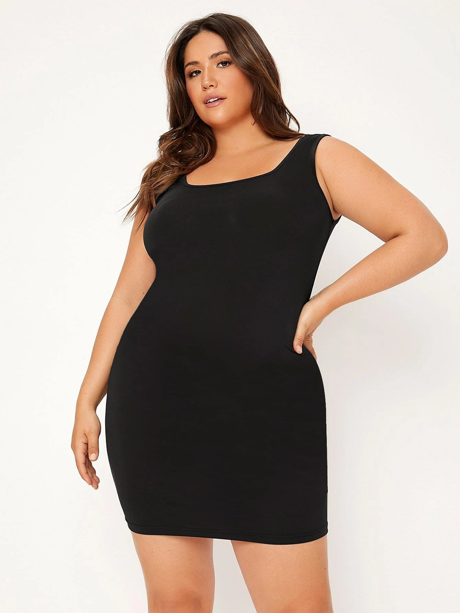 Solid Black Tank Bodycon Wide Scoop Neck Mid Thigh Length