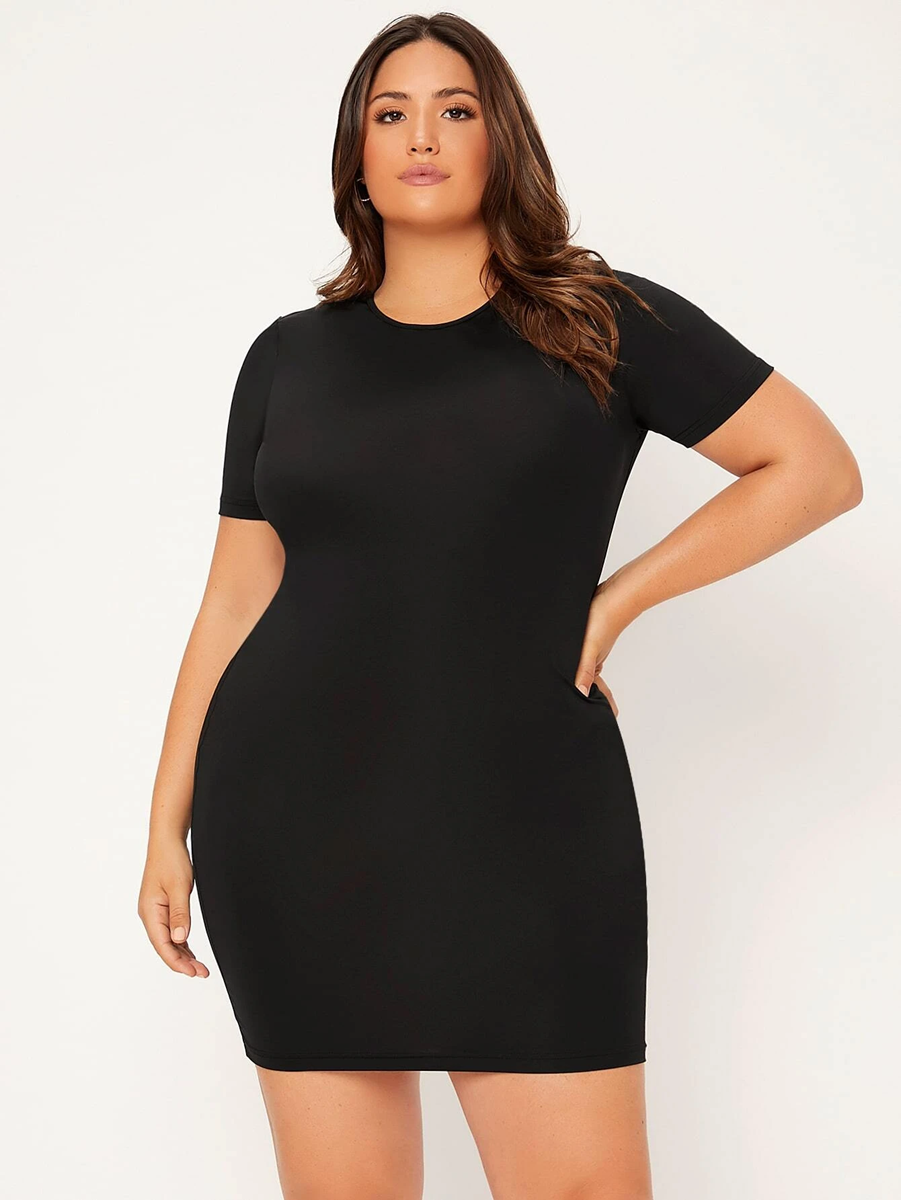 Solid Black Bodycon Dress Round Neck Half Sleeve