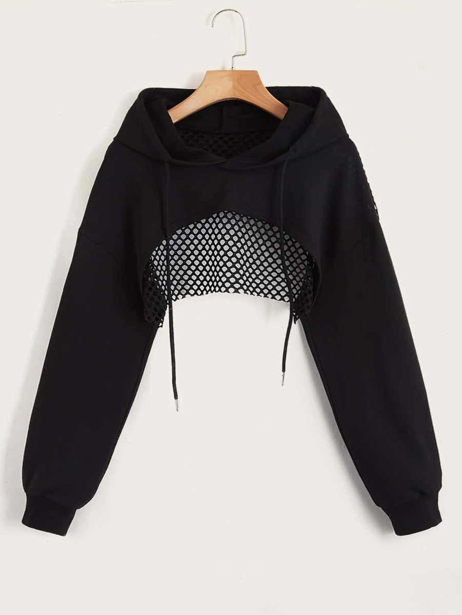 Drop Shoulder Drawstring Hollow Out Super Crop Sports Hoodie Without Cami Top