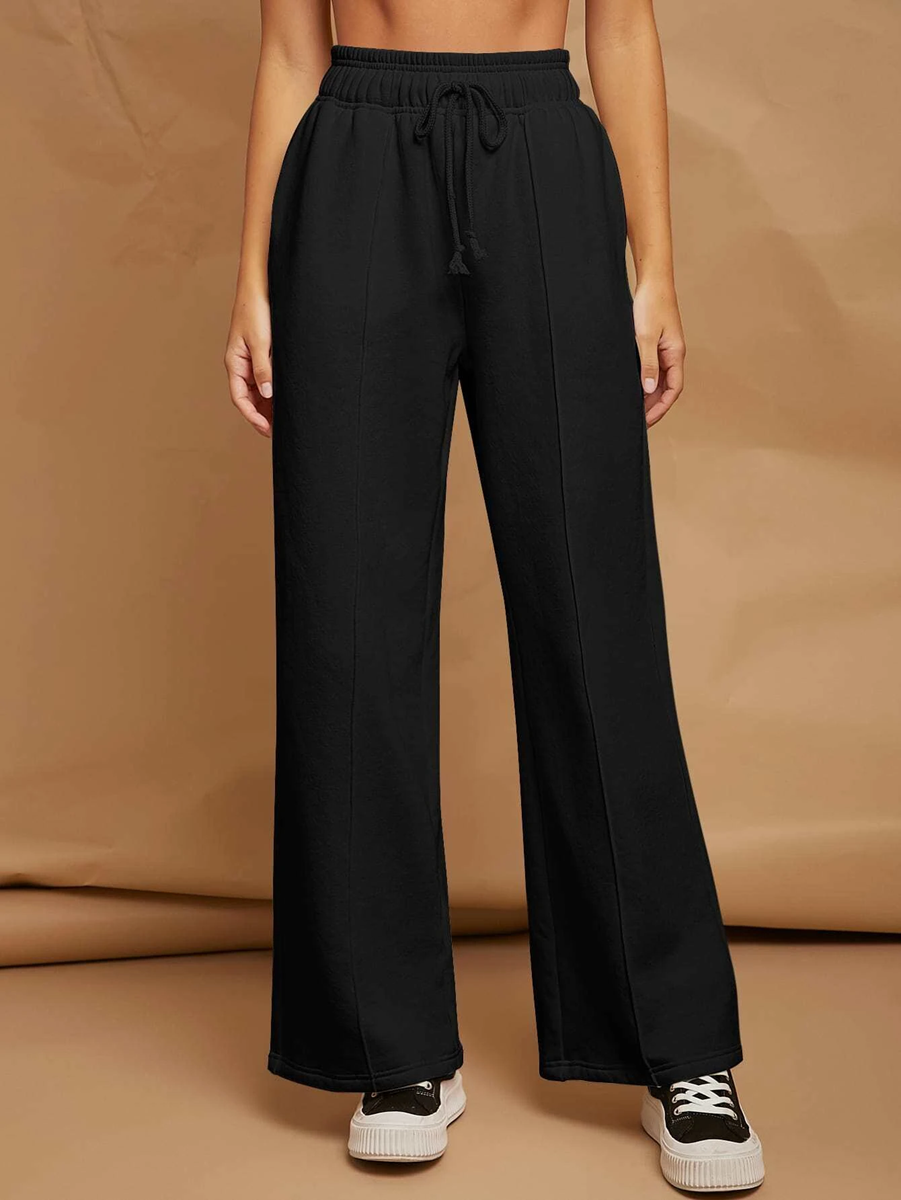 Black broad pants with front pleat for athleisure