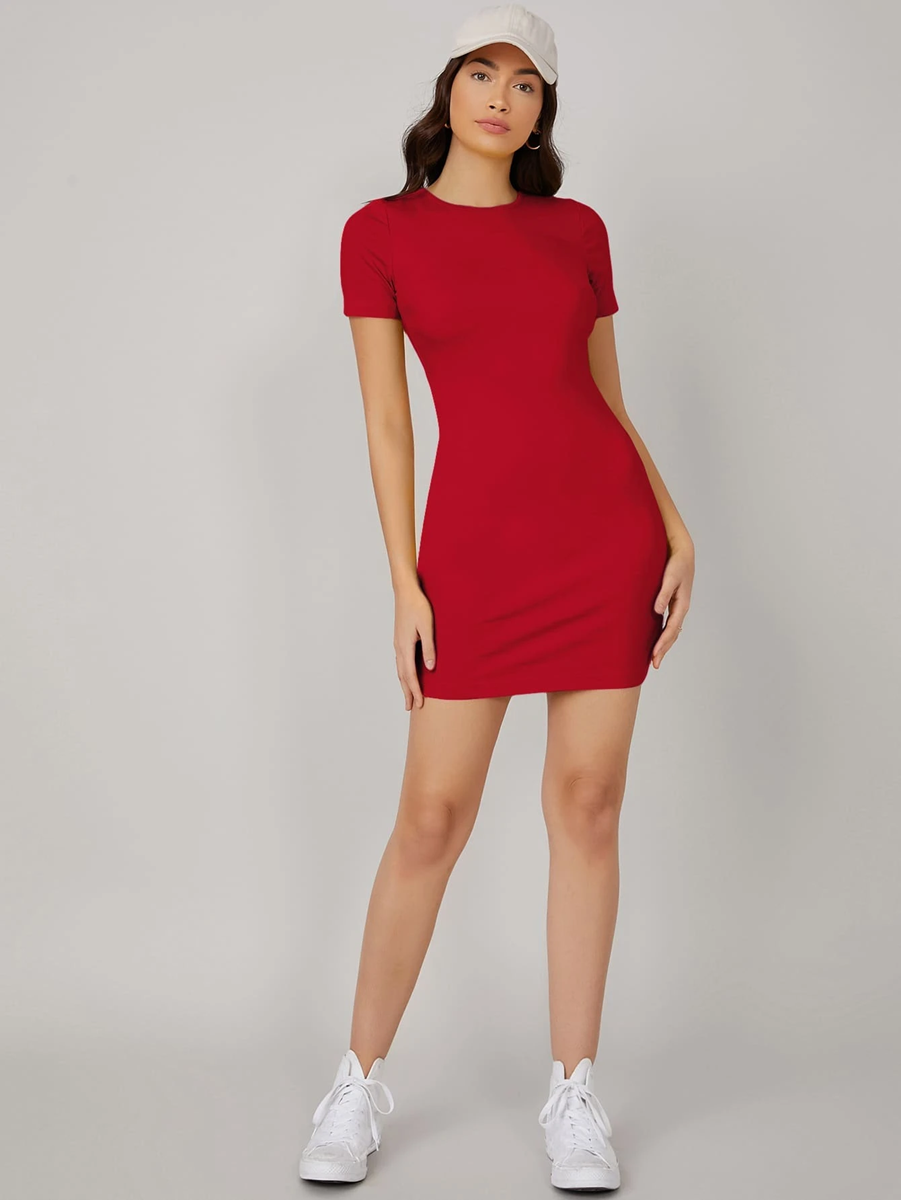 Hot Red Bodycon Knee Length Round Neck Dress