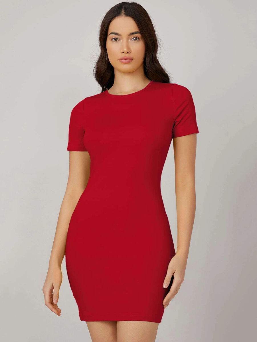 Hot Red Bodycon Knee Length Round Neck Dress