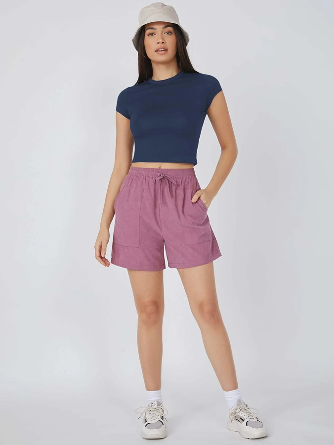 Summers Love Navy Blue Crop Rib Top Short Sleeves crew neck