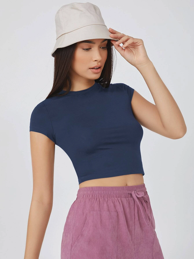 Summers Love Navy Blue Crop Rib Top Short Sleeves crew neck