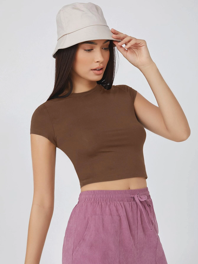 Summer's Love Dark Brown Crop top Mock Neck Short Sleeves