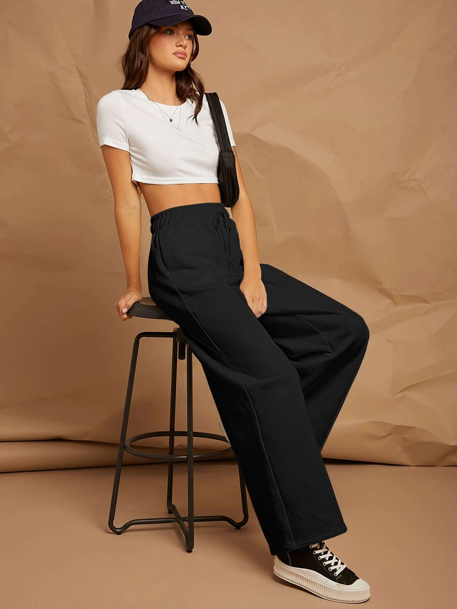 Black broad pants with front pleat for athleisure