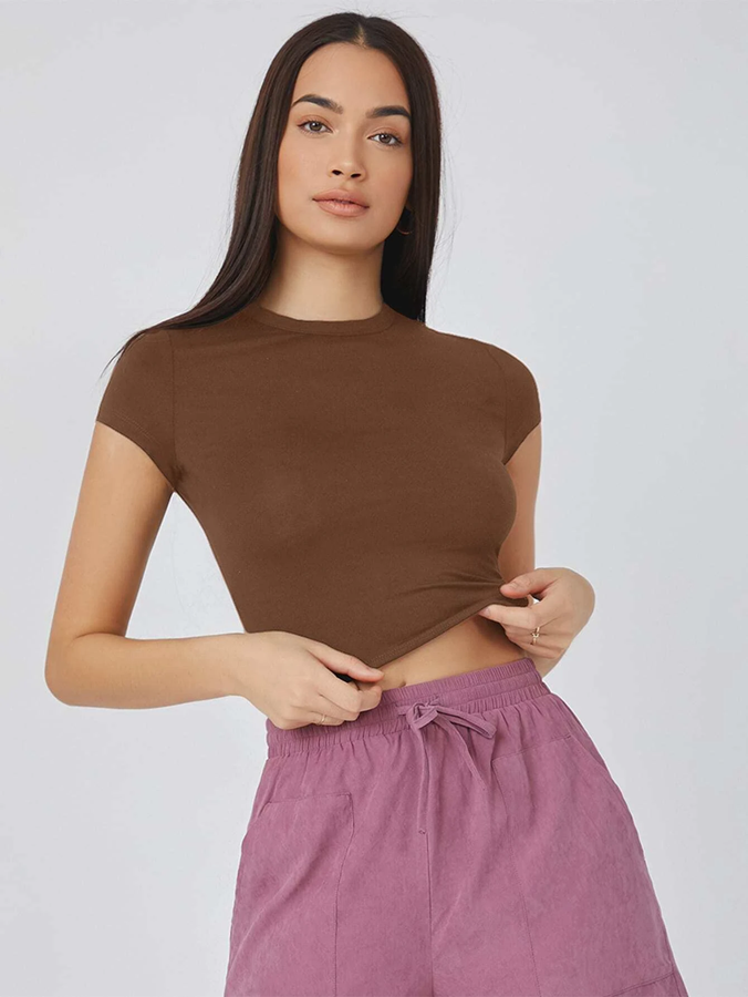 Summer's Love Dark Brown Crop top Mock Neck Short Sleeves