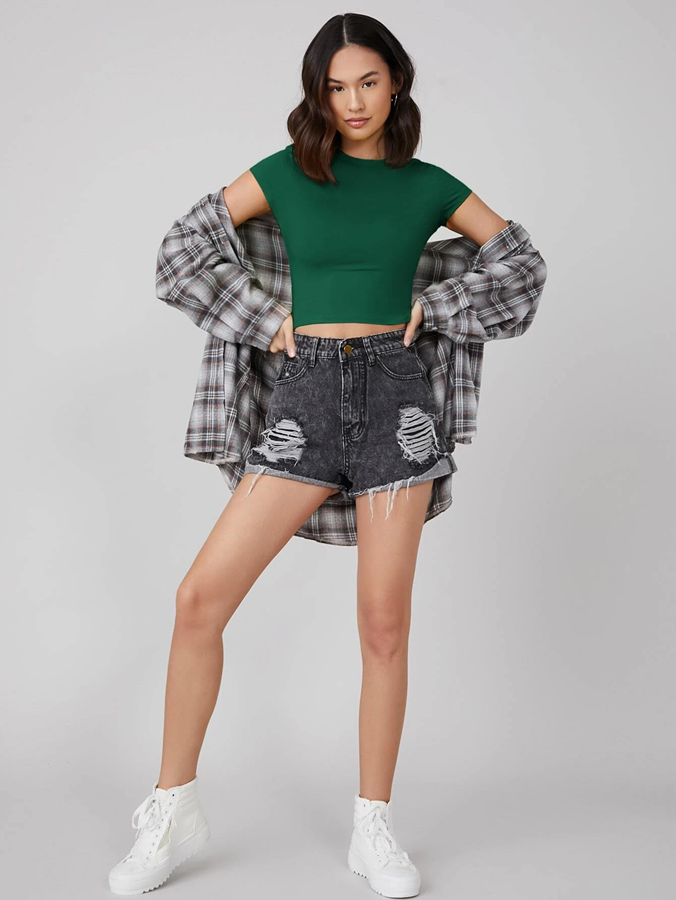 Summer's Love Green Brown Crop top Mock Neck Short Sleeves