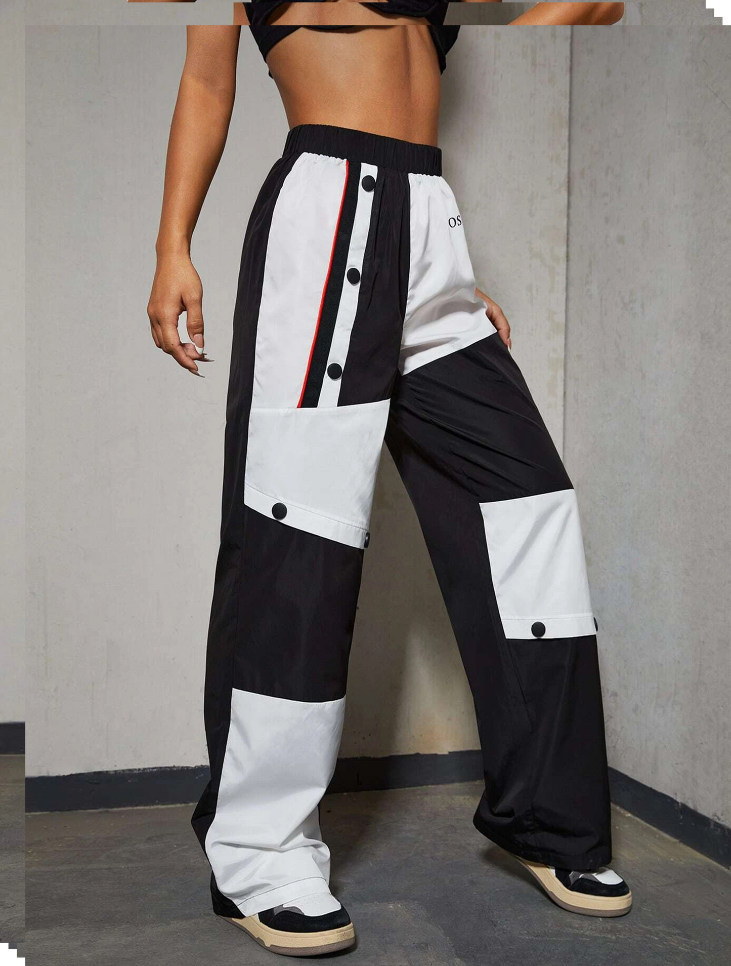 Letter Graphic Button Front Colourblock Trousers