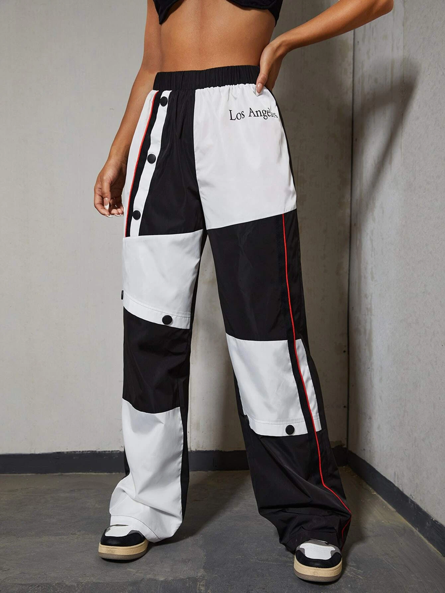 Letter Graphic Button Front Colourblock Trousers