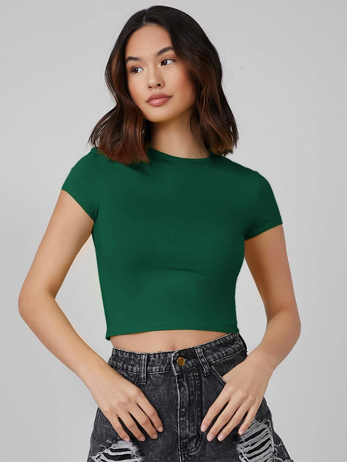 Summer Green Crew neck Bottle Green Ribbed top With short sleeves