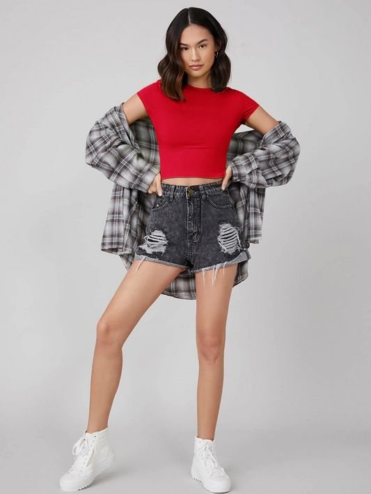 Summer's Love Red Crop top Mock Neck Short Sleeves